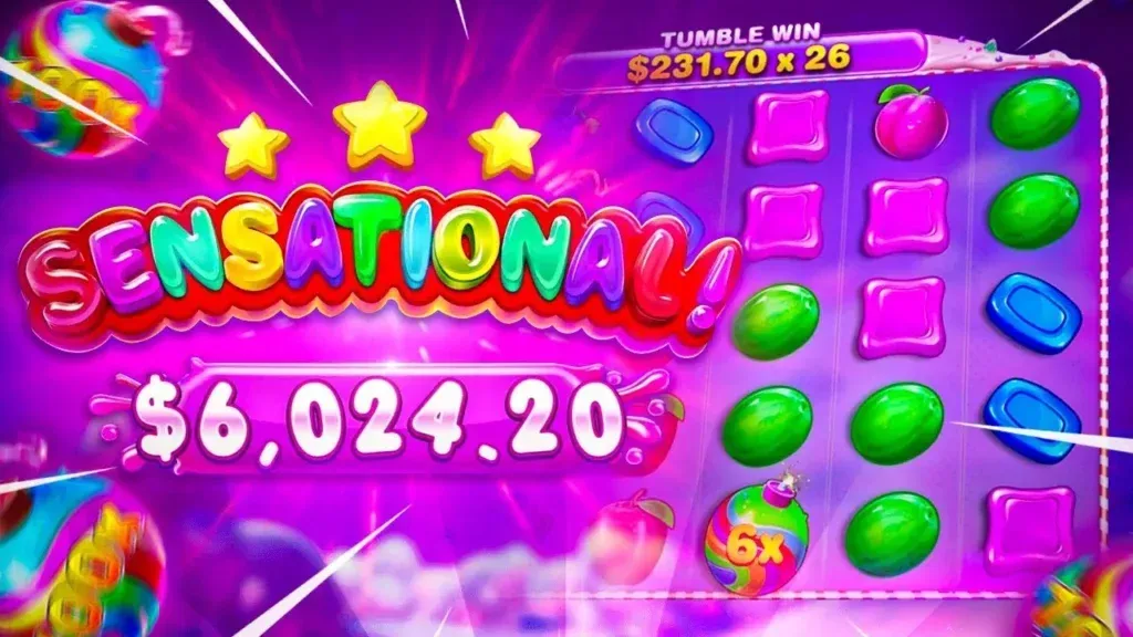 Sweet Bonanza 1000 Colorful online slot game showing a SENSATIONAL! big win