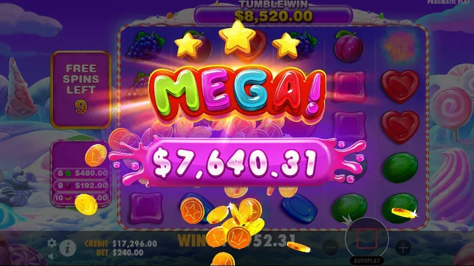 Sweet Bonanza 1000 Colorful slot machine game displaying a large MEGA cash win