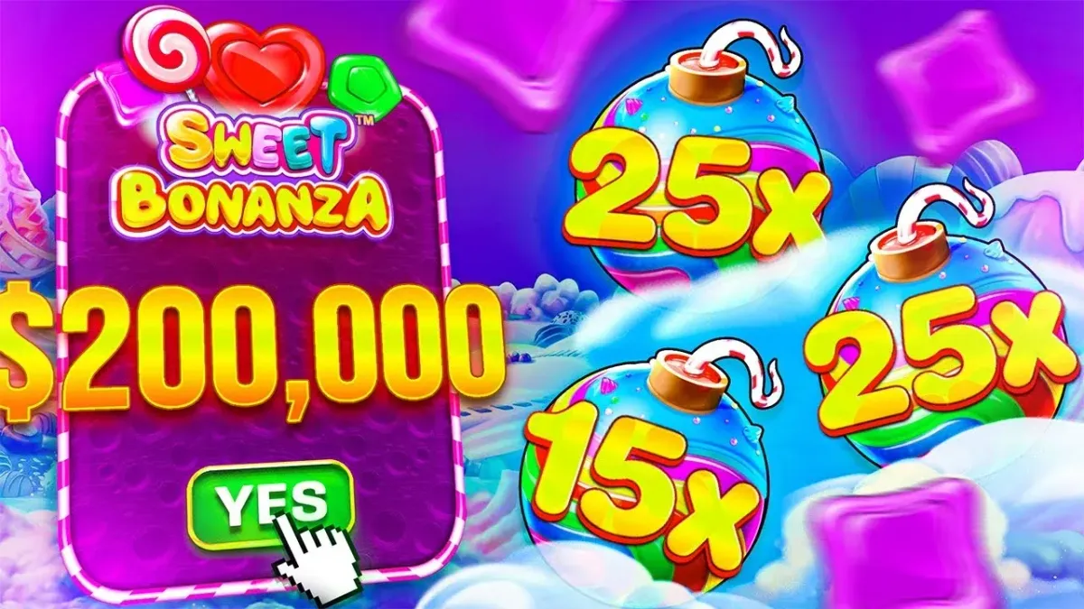 Sweet Bonanza 1000 Sweet Bonanza game screen showing $200,000 prize and candy bomb multipliers