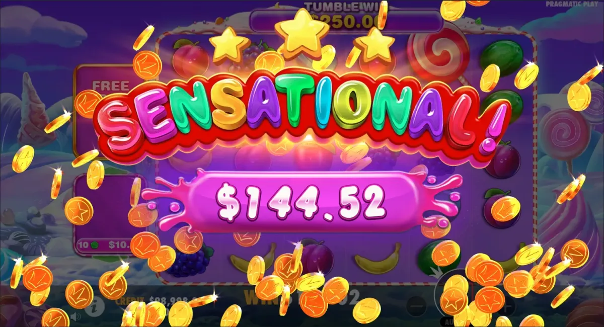 Sweet Bonanza 1000 Sensational big win of $144.52 on a candy-themed slot game
