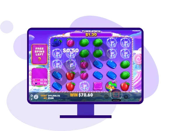 Sweet Bonanza 1000 Online slot game with fruit and candy symbols on monitor